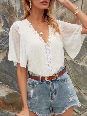 SHEIN Unity Swiss Dot Contrast Lace Blouse